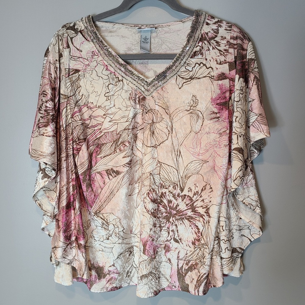 Catherines Flowy Velvet Poet Style Top Women Size 3X Floral Beaded Sequin Art